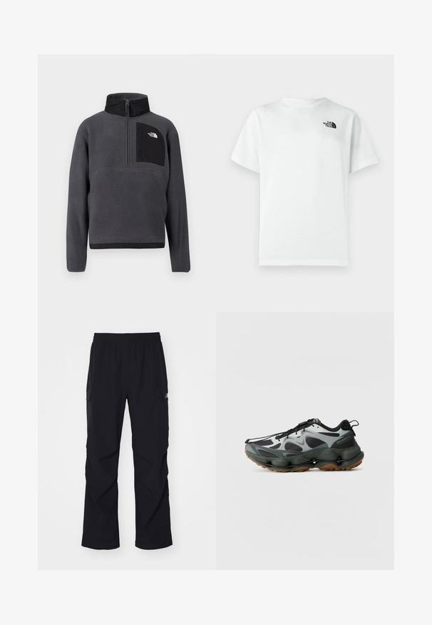 Mørkegrå fleece-pullover med høj krave, halvlængde lynlås foran og sort lynlåslomme på brystet med hvidt logo på højre side.; Hvid bomulds T-shirt med korte ærmer og rund halsudskæring, med en lille sort logo på venstre brystområde. Glat tekstur.; Sorte cargo bukser lavet af let materiale, med elastisk talje, sidelommer og lige ben design.; Sorte og grå atletiksko med mesh-overdel, skulptureret sål og gummisål. Har et sikkert snøresystem og en trækflap ved hælen.