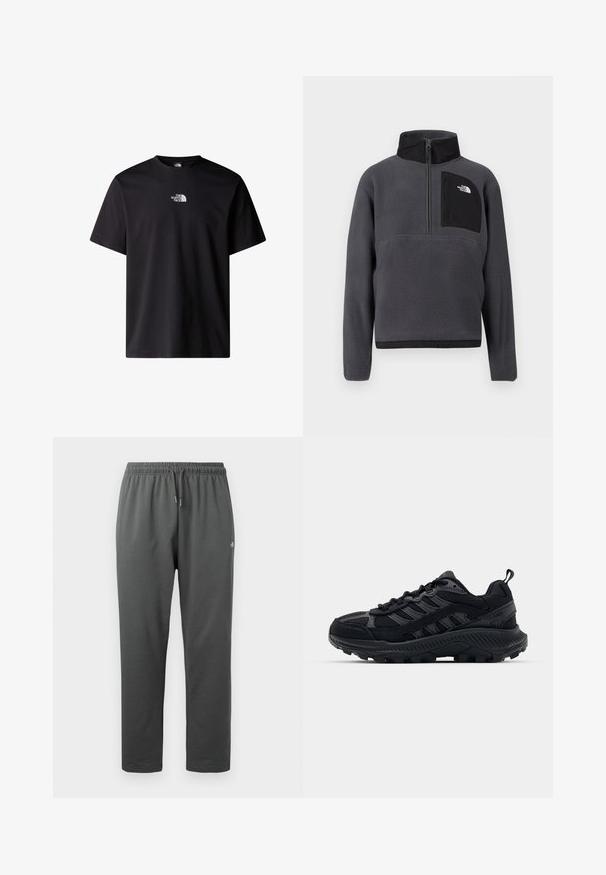 Sudadera polar de color gris oscuro con cuello alto, media cremallera frontal y bolsillo con cremallera negro en el pecho con logo blanco en el lado derecho.; Camiseta de algodón negra con mangas cortas y cuello redondo. En la parte frontal se muestra un pequeño logotipo blanco de "The North Face."; Pantalones deportivos de forro polar de color gris oscuro con cintura elástica y cordón, con un pequeño logo en el muslo derecho.; Zapatillas deportivas negras con parte superior de malla texturizada y ante, puntera reforzada y suela resistente. Presentan un diseño de cordones y una lengüeta en la parte trasera.