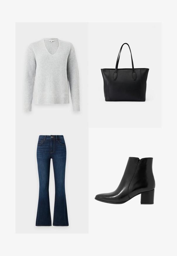 TOM TAILOR V NECK PULLOVER - Trui - medium silver grey; TOM TAILOR STELLA donkerblauw denim; Anna Field by Zalando LEATHER - Lage laarzen - black; Zwarte leren tote bag met twee stevige handvatten, voorzien van een zachte textuur, rechthoekige vorm en subtiele stitching details langs de randen.