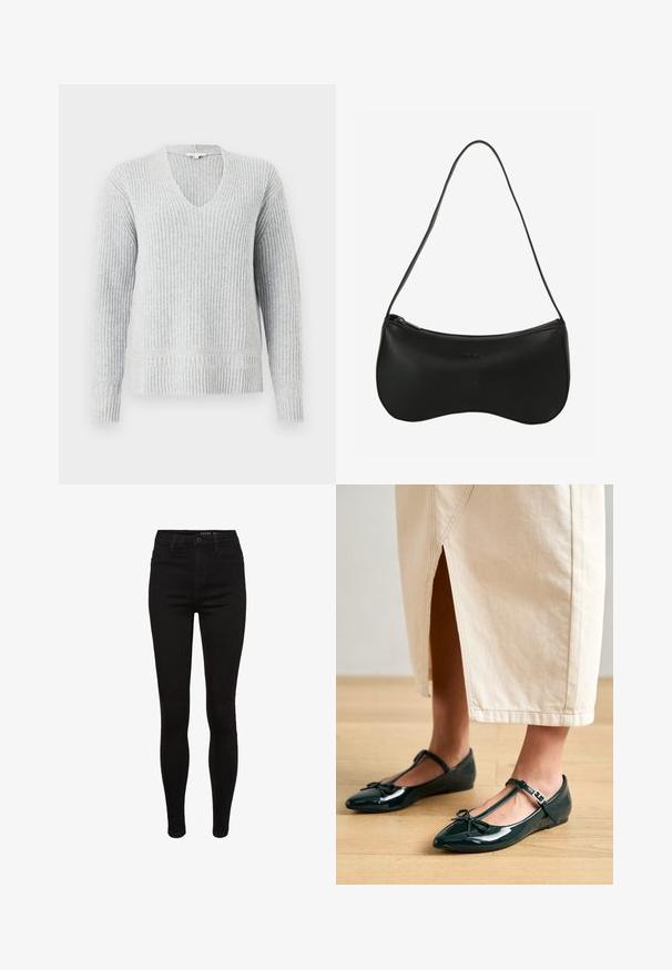 TOM TAILOR V NECK PULLOVER - Trui - medium silver grey; Zwarte denim skinny jeans met een hoge taille, vijf-pocket ontwerp, riemlussen en subtiele stikdetails. Glad textuur, figuurvormende pasvorm.; Groene patenten ballerina's met een T-strap, strikdetail op de neus en een lage wiggenhak, gecombineerd met een crèmekleurige enkellange rok.; Zwarte leren schoudertas met een gebogen vorm, ritssluiting en een enkele dunne band; gladde textuur en subtiel geperst logo.