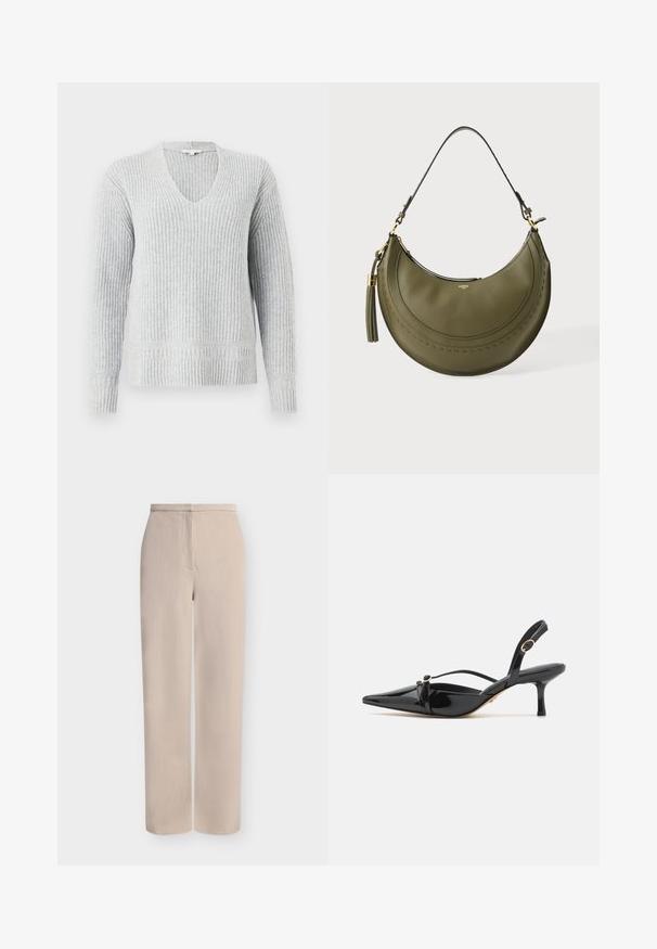 TOM TAILOR V NECK PULLOVER - Pullover - medium silver grey; Pantalon beige à jambes larges en tissu texturé, avec une couture frontale et une taille simple sans ornements.; ALDO MARIETTA PILLOW WALK - Escarpins - black; Sac à main en cuir vert olive en forme de croissant, avec une seule bandoulière, des éléments dorés et un grand pompon suspendu sur le côté gauche.
