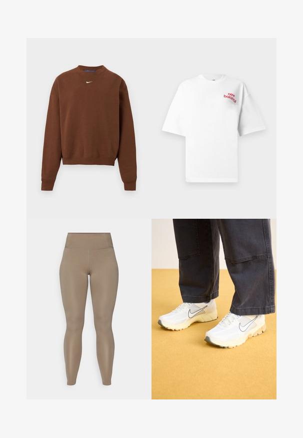 Sudadera marrón de manga larga con cuello redondo y un pequeño logo blanco de Nike swoosh centrado en el pecho.; Camiseta blanca de manga corta con un pequeño logo rojo de "new balance" en el pecho izquierdo, mostrada sobre un fondo liso.; Leggings de talle alto en un color beige sólido. Fabricados con un material liso y elástico sin patrones visibles ni herrajes.; Zapatillas deportivas blancas con materiales de malla y sintéticos, con un logo gris, suela texturizada y acentos beige, combinadas con pantalones oscuros.