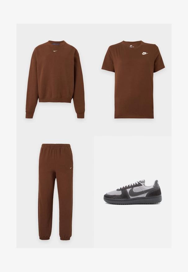Bruine longsleeve trui met een ronde hals en een klein wit Nike Swoosh-logo in het midden van de borst.; Bruine korte mouwen Nike T-shirt met wit Nike-logo op de linkerborst en ronde hals, weergegeven op een effen achtergrond.; Bruine Nike joggingbroek met elastische tailleband en boorden, met een kleine witte Nike-swoosh op het bovenste linkerbeen.; Lage sneaker met grijs mesh materiaal, zwarte textuur overlays, zwarte zool, witte veters en een zwarte Nike swoosh aan de zijkant.