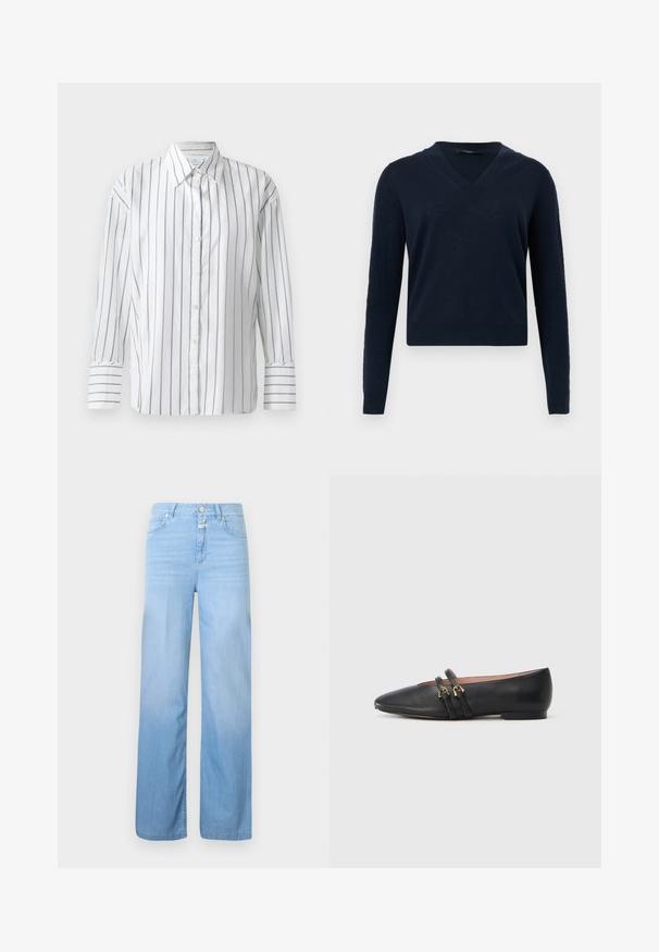 Marineblå V-hals langærmet sweater med ribbet kant og ærmeafslutninger, vist mod en lysegrå baggrund.; Hvid langærmet skjorte med smalle blå lodrette striber, knaplukning foran og klassisk krave. Glat bomuldsstof, afslappet pasform.; Lyseblå denimjeans med lige ben, 5-lomme-design, knaplukning og falmet tekstur mod bunden.; Sorte læder flade sko med spids tå, der har to sorte remme med gyldne hardware-detaljer. Glat tekstur og lav hæl.