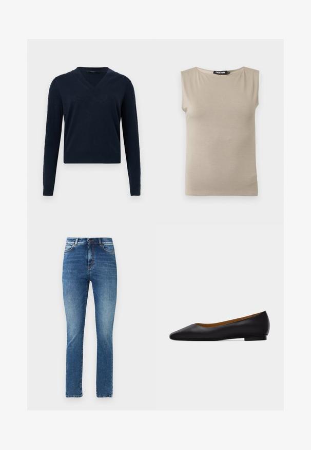 Marineblauer V-Ausschnitt-Pullover mit langen Ärmeln, gerippten Bündchen und Saum, präsentiert vor einem hellgrauen Hintergrund.; Beiges ärmelloses Baumwolltop mit breiten Schulterträgern und rundem Ausschnitt, Größe M, flach auf weißem Hintergrund liegend.; Blaue, hoch taillierte, schlanke Jeans mit Fronttaschen, Gürtelschlaufen, Knopfverschluss und leichter Verwaschung an Oberschenkeln und Knien.; Schwarzer flacher Schuh aus Leder mit spitz zulaufender Vorderkappe, niedrigem Absatz und glatter Oberfläche, von der Seite vor einem hellgrauen Hintergrund dargestellt.