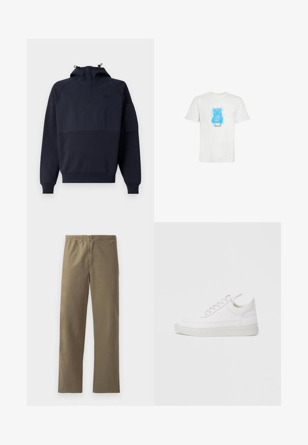 Navyblå hættetrøje med halv lynlås, der har en kængurulomme og en lomme med lynlås på ærmet. Fremstillet i blødt, tekstureret stof.; Hvid T-shirt med korte ærmer med en blå bamse grafik og lille sort kursiv tekst under bamsen på forsiden i midten.; Khaki bukser lavet af letvægtsmateriale. Har en elastisk talje, knaplukning, lige ben og en glat overflade.; Hvid lædersneaker med rundet tå, flad sål og snørebånd foran. Har syningsdetaljer og polstret krave for komfort.