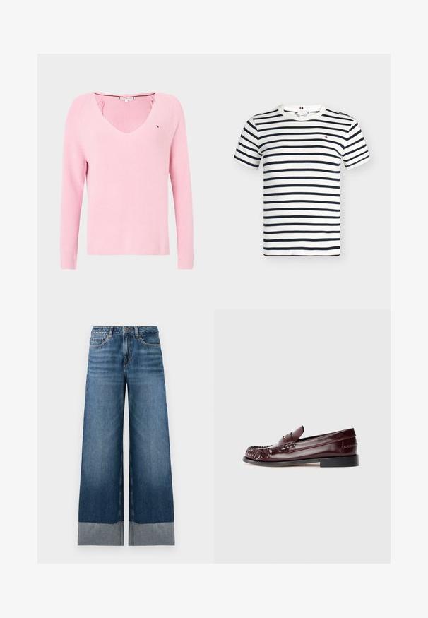 Suéter rosa claro acanalado con cuello en V, mangas largas y un logo sutil de la marca en el pecho. Textura suave, ajuste casual y color sólido.; Camiseta blanca de manga corta con cuello redondo, con rayas horizontales de color azul marino y un pequeño logo rojo, blanco y azul marino en el pecho.; Vaqueros de pierna ancha en azul con un degradado de denim oscuro a claro, presentando un dobladillo sin acabar y sutilezas en los detalles de costura. Diseño clásico de cinco bolsillos.; Mocasines de piel burdeos con suela negra y detalle en metal dorado en la parte delantera, mostrados de perfil sobre un fondo blanco.