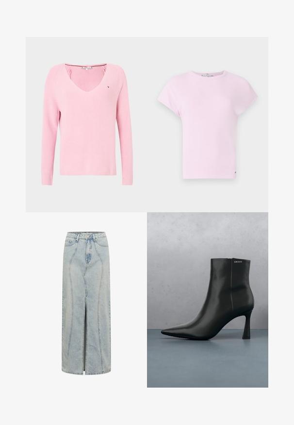 Lyserød ribstrikket sweater med V-hals, lange ærmer og et diskret mærkelogo på brystet. Blød tekstur, afslappet pasform og ensfarvet.; Lyserød ribbet T-shirt med korte ærmer og rund halsudskæring. Har en afslappet pasform og en lille logoetiket i kanten. Blød tekstur.; Lyseblå denimskørt med en lige silhuet, der har en frontslids, bælteløkker og detaljeret syninger langs sømmene.; Sort læder ankelstøvle med spids tå og geometrisk hæl. Har subtil branding og en glat overflade. Baggrunden består af strukturerede fliser.