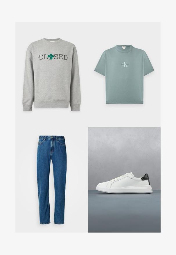 Sweat-shirt gris clair à manches longues avec le texte "CLOSED" imprimé en noir, "O" remplacé par un visuel de trèfle à quatre feuilles vert sur la poitrine.; T-shirt à manches courtes bleu sarcelle clair avec col rond, logo Calvin Klein centré en texte blanc et noir sur le devant.; Jean en denim droit bleu avec cinq poches et fermeture à bouton à l'avant sur fond blanc.; Baskets blanches avec une tige en cuir lisse et un accent de talon noir contrastant. Caractéristiques des lacets plats et une semelle en caoutchouc texturé.