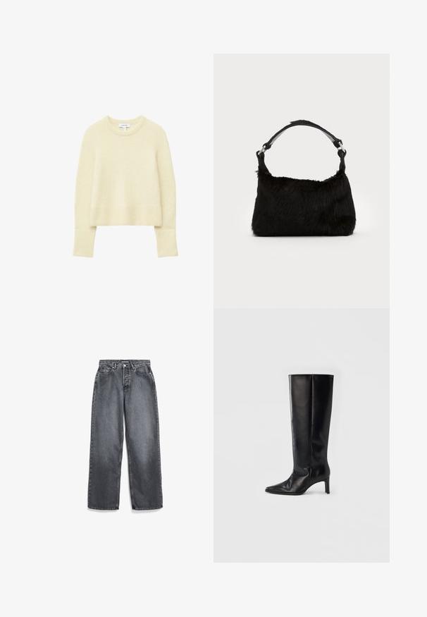 Crème-kleurige cropped trui van een zacht materiaal, met een ronde halslijn en ribgebreide manchetten en zoom, met een gladde textuur overal.; Donkergrijze rechte jeans met voorzakken, riemlussen, knoop en ritssluiting.; Zwarte kniehoge laarzen gemaakt van glad leer, met een puntige neus en een slanke hak, een nauwsluitende schacht en een minimalistisch ontwerp.; Zwarte neplederen handtas met een zachte textuur, ronde vorm en een stevige zwartleren schouderband. Zilveren hardwareaccenten zichtbaar.