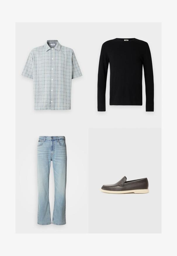 T-shirt noir à manches longues avec un col rond, en tissu doux, présentant une coupe droite et sans motifs ni accents visibles.; Chemise à manches courtes à boutons avec un motif à carreaux bleu et blanc, col évasé et boutons blancs sur le devant.; Jeans en denim bleu clair avec une coupe droite, dotés de cinq poches, d'une fermeture à bouton et d'une légère décoloration sur le tissu.; Chaussures à enfiler en cuir marron avec une surface texturée et une semelle beige clair contrastante, présentant un bout arrondi et de minimalistes détails de couture.