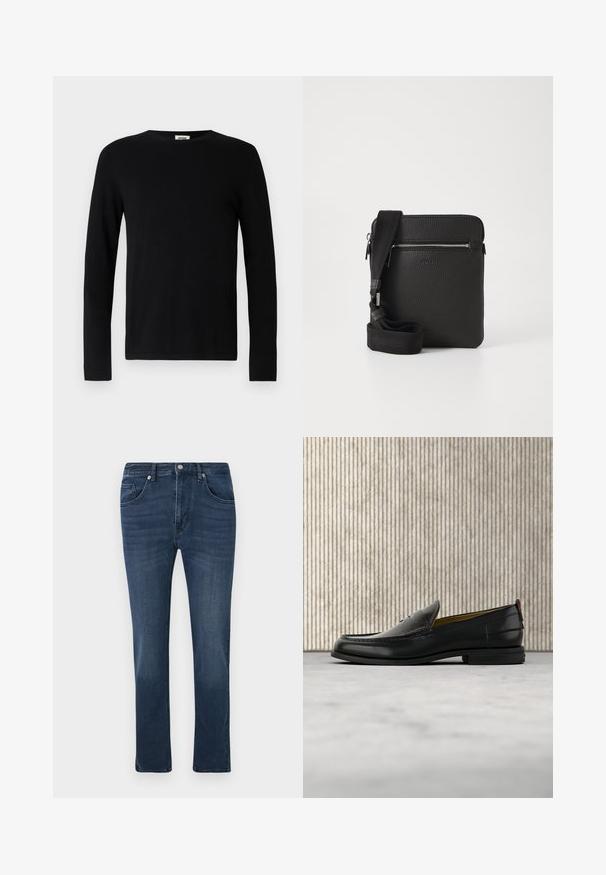 Sort langærmet T-shirt med rund halsudskæring, lavet af blødt stof, med en lige skæring og uden synlige mønstre eller accenter.; Mørkeblå slim-fit denimjeans med front- og myntlommer, knaplukning og subtilt slid på lårene.; Sort læder herreloafer med krokodillepræget forstykke og lav hæl, vist i profil på en neutral baggrund.; Sort læder crossbody taske med en tekstureret overflade, lynlåslomme foran og en justerbar stofrem. Enkel firkantet design.