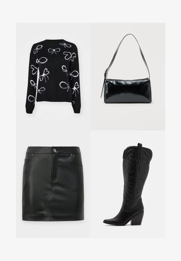 ONLY ONLLOUI BOW - Džemper - black/cloud dancer; Musta kunstnahast mini seelik, millel on ees nupp ja tõmblukk, ees ja taga taskud ning õmblusdetailid.; Mustad nahast põlveni ulatuvad saapad terava ninaga ja kuhjatud kandaga. Omavad dekoratiivseid õmblusi ja kaardus disainielemente.; Must ristkülikukujuline õlakott ühe reguleeritava rihmaga ja ülemise tõmblukuga, ühtlase taustaga.