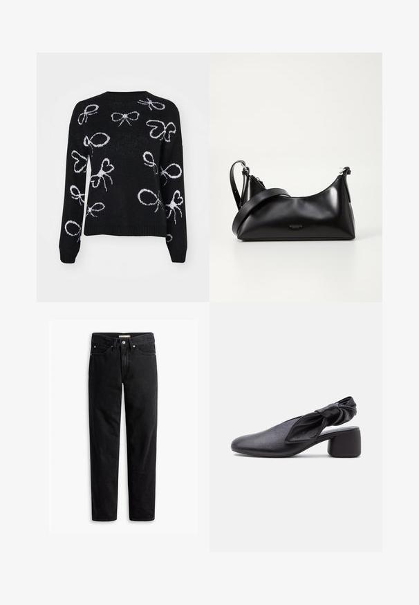 ONLY ONLLOUI BOW - Pullover - black/cloud dancer; Jeans noirs à jambe droite avec fermeture à bouton et à zip, passants de ceinture et poches avant et arrière, présentés à plat sur un fond blanc.; Chaussure slingback en cuir noir avec bout arrondi, détail de bride nouée et petit talon carré sur fond blanc.; Sac à main en cuir noir avec une texture lisse. Dispose d'une bandoulière adjustable et d'un design élégant et minimaliste avec une fermeture éclair.