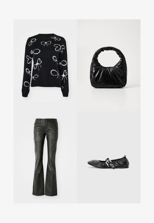ONLY ONLLOUI BOW - Trui - black/cloud dancer; Zwarte nepleer flared jeans met voorzakken, een metalen knoopsluiting en een licht gestructureerd oppervlak. Rechte pijpen met een lange snit.; Zwarte leren platte schoen met een spitse neus, geplooide details rond de opening en een zilveren gespaccentueerde verstelbare band.; Zwarte gevoerde handtas met een ronde handgreep, met een gladde, glanzende oppervlakte en een zachte, gewatteerde textuur. Geen zichtbare metalen onderdelen of accenten.