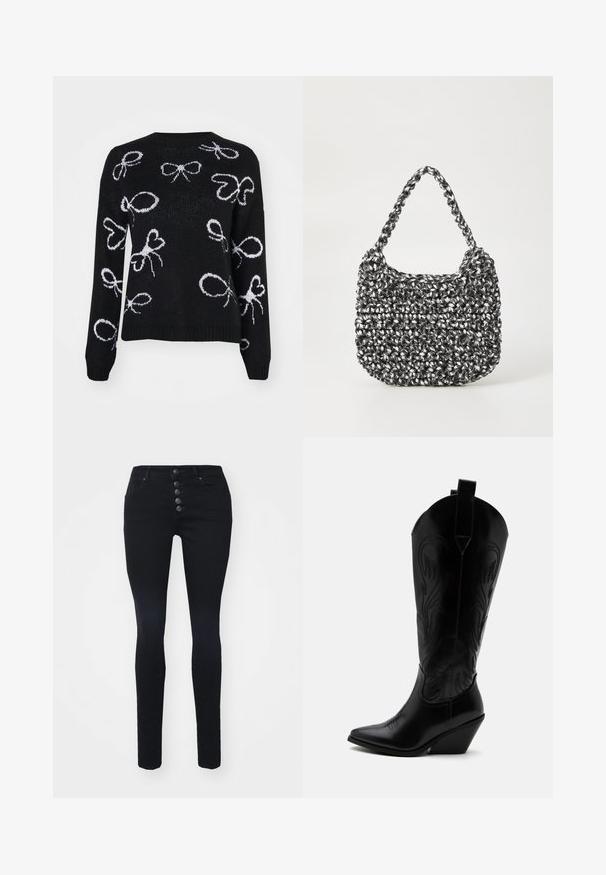 ONLY ONLLOUI BOW - Pullover - black/cloud dancer; Jean skinny noir taille haute, fermeture à cinq boutons et deux poches avant. Texture en denim lisse, sans motifs ni accents visibles.; Botte de cowboy en cuir noir avec bout pointu, talon bloc incliné, couture décorative et languettes en haut sur fond blanc.; Sac en osier noir et blanc de forme arrondie, avec une surface texturée et une poignée tressée. Convient à un usage décontracté.