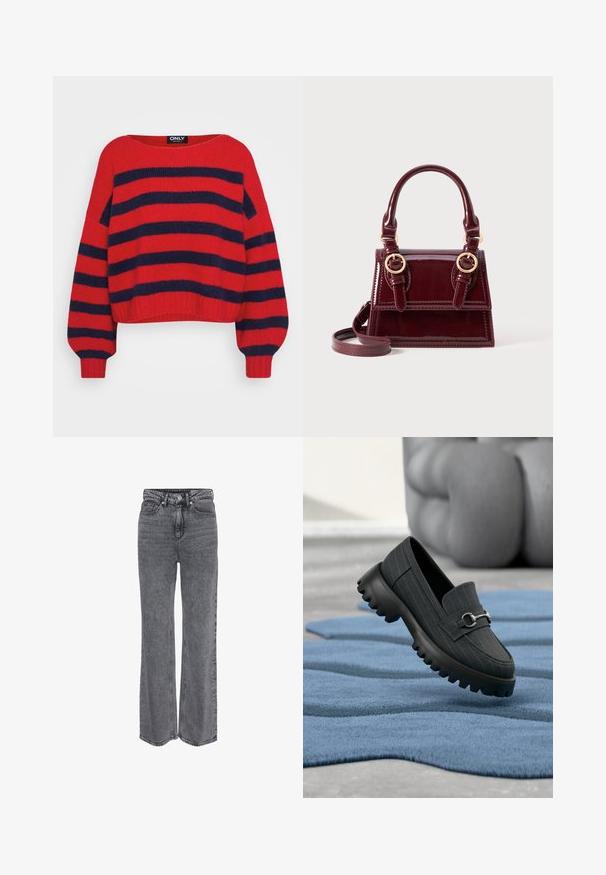 Rød strikket sweater med marineblå vandrette brede striber, lange ærmer, rund halsudskæring og ribbede manchetter og kant.; Grå denimjeans i høj talje og med lige ben, med frontknap, lynlåslukning og klassisk design med fem lommer.; Sort stofloafer med stribet design, rund tå, sølvfarvet hardware detalje og en kraftig sort gummisål med rillet tekstur.; Burgundy patentlæder håndtaske med dobbelte top håndtag, guldfarvede hardware detaljer og aftagelig skulderrem. Firkantet form med kontrasterende syninger.