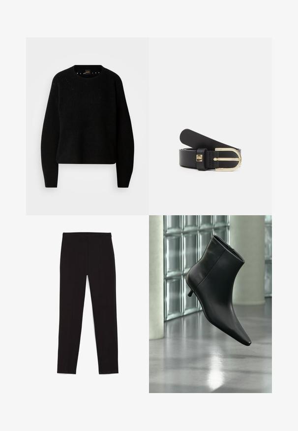 Sort strik sweater med rund hals og ribbet tekstur. Har subtil detaljering omkring halsudskæringen og lange, lige ærmer.; Sorte leggings lavet af strækstof, med en tætsiddende design, syningsdetaljer og en elastisk talje. Glat tekstur, fuldlængde pasform.; Sort læderankelstøvle med spids tå og lav kitten-hæ, vist vinklet mod en poleret gulv- og glasblokvæg.; Sort læderbælte med en spænde i guldtonet metal, der har en glat overflade og en justerbar længde. Indeholder en lille hardwaredetalje nær spændet.