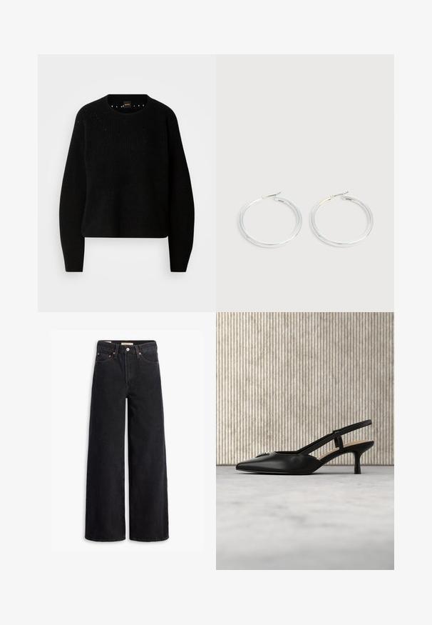 Sort strik sweater med rund hals og ribbet tekstur. Har subtil detaljering omkring halsudskæringen og lange, lige ærmer.; Sorte brede benjeans lavet af denim, med fem lommer, kobbernitter og en klassisk knaplukning. Glat tekstur med et rent design.; Sort slingback sko med kittenhæl, spids tå og metallogo, der svæver nær en reflekterende overflade og et metalstativ med papirer.; Par skinnende sølvøreringe med tynde trådlåse, vist på en lys grå baggrund.