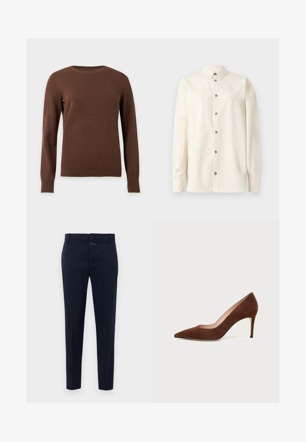 Jersey marrón de cuello redondo y mangas largas con puños y bajo acanalados, mostrado sobre un fondo claro y liso.; Soulland DAMON SHIRT - Blusa - white; Pantalones de hombre ajustados de color azul marino con trabillas para cinturón y cierre de cremallera, mostrados sobre un fondo blanco liso.; Zapato de tacón alto de ante marrón con punta afilada y tacón de aguja delgado sobre fondo blanco.