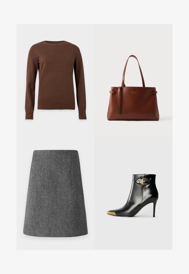 Pull marron à manches longues, col rond, avec poignets et ourlet côtelés, présenté sur un fond clair uni.; Jupe en chevrons gris avec une forme évasée en A, fabriquée à partir d'un tissu texturé. Présente une taille épurée sans quincaillerie ni accents visibles.; Bottine noire en cuir brillant, avec un bout pointu, un talon aiguille, et des accessoires dorés ornés d'une boucle décorative.; Sac fourre-tout en cuir marron avec deux longues anses, une forme rectangulaire élégante et un petit pompon décoratif. Présente des détails subtils du logo.