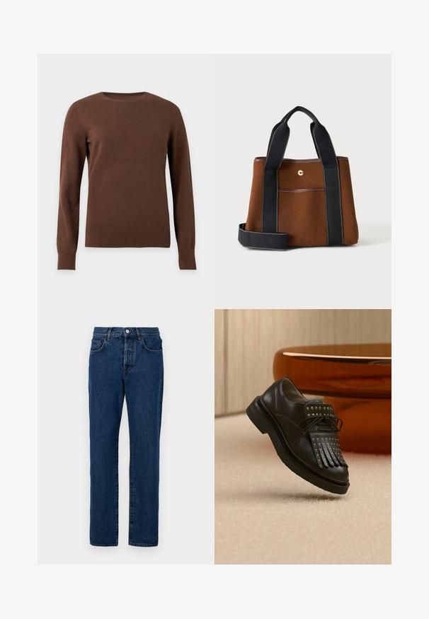 Brauner Pullover mit Rundhalsausschnitt und langen Ärmeln, mit gerippten Bündchen und Saum, auf einem schlichten hellen Hintergrund dargestellt.; Jeans aus Denim in Dunkelblau, mit einem klassischen geraden Schnitt, fünf Taschen und sichtbaren Nähten. Der Stoff hat eine leichte Struktur.; Schwarzer Leder-Schnürschuh mit dekorativer Fransen und Metallnieten auf beigem Teppich neben braunen Möbeln.; Braune Filztasche mit schwarzen Stoffgriffen und Schulterriemen, mit einer Fronttasche und einem kleinen goldfarbenen Knopfverschluss.