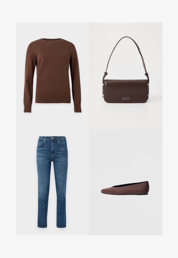 Bruine trui met ronde hals en lange mouwen, met geribde boorden en zoom, getoond op een effen lichte achtergrond.; Donkerblauwe denim jeans met een rechte pijp, vijf zakken en een metalen knoop in de taille. Subtiele vervaging en stikseldetails.; Bruine stoffen balletschoenen met een puntige neus en een gladde textuur, voorzien van een lage achterkant en een dunne zwarte zool. Geen zichtbare patronen of metalen onderdelen.; Bruine leren handtas met een platte vormgeving, verstelbare schouderband en hardware in zilverkleur. Voorzien van een logo plaat aan de voorkant.