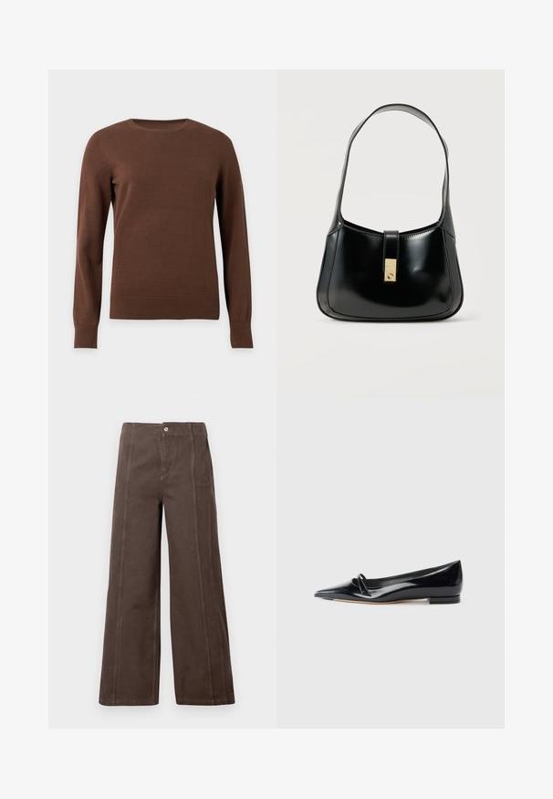 Brun crewneck langærmet sweater med ribkant ved manchetter og kant, vist på en ensfarvet lys baggrund.; Brune viddebukser lavet af glat stof, med sømme foran og en enkelt metalknap lukning i taljen.; Sorte patentlæder flade sko med spids tå, lille dekorativ rem og lav blokhæl. Glat tekstur og strømlinet design.; Sort blank læderhåndtaske med en enkelt skulderrem og en central rektangulær lås i guldfarvet metal på en ensfarvet lys baggrund.