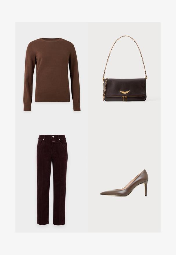 Pull marron à manches longues, col rond, avec poignets et ourlet côtelés, présenté sur un fond clair uni.; Pantalons en velours côtelé bordeaux à coupe droite, avec poches avant et quincaillerie en métal argenté. Le tissu présente une texture côtelée.; Chaussure à talon haut en cuir marron à bout pointu avec un talon aiguille fin et une finition lisse sur un fond clair.; Sac à bandoulière en cuir marron foncé avec anse chaîne dorée, emblème ailé doré sur le rabat, et double fermeture éclair dorée en bas à l’avant.