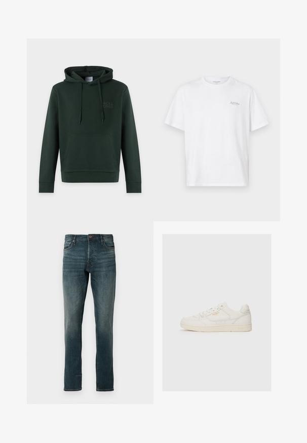 Mørkegrøn hættetrøje med forlommelomme, snore og diskret "Jack & Jones"-logo på venstre bryst. Ingen synlig bærer.; Hvid kortærmet t-shirt lavet af bomuld, med rund hals og et lille logo på venstre brystområde. Glat tekstur, afslappet pasform.; Mørkeblå slim-fit jeans med fem lommer og knaplukning, vist mod en ensfarvet hvid baggrund.; Hvide lædersneakers med en glat overflade, der har perforerede detaljer, snørebånd fortil og et diskret logo i guld nær siden.