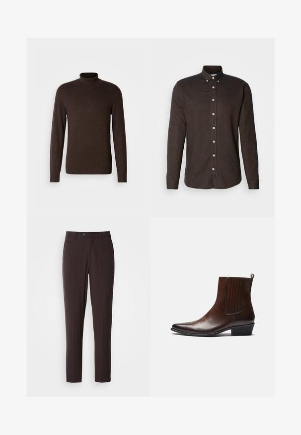 Brun turtleneck sweater lavet af blødt materiale, med lange ærmer og ribbet krave. Glat tekstur med en tætsiddende design.; Brun langærmet skjorte med knapper i tekstureret stof, med spidse kraver og hvide knapper foran.; Mørkebrune skræddersyede bukser i glat stof med flad front, sidelommer og knaplukning. Bukserne har lige ben og intet synligt mønster.; Brun læder ankelstøvle med spids tå, elastiske sidepaneler, tekstureret detaljer på fronten og en lav stablet hæl.