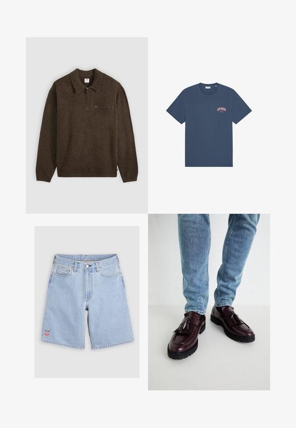 Brun langærmet pullover med halvlange lynlåsskrave og lille lynlåslomme på brystet, vist på en ensfarvet lys baggrund.; Blå bomuldst-shirt med afslappet pasform, rund halsudskæring og lyserød "LES DEUX" tekst på brystet. Korte ærmer og enkelt design.; Lyseblå denimshorts med forlommer, bæltestropper, knaplukning og et lille USA-skjoldmærke på venstre ben.; Bordeaux læder loafers med kvaster og en tekstureret overdel, parret med lyseblå denimjeans. Sort gummisål synlig.