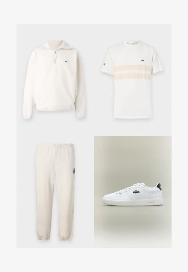 Sudadera de felpa blanca con cuello de media cremallera, textura suave, cuello acanalado y un pequeño logo verde en el área del pecho izquierdo.; Camiseta de algodón blanca con dos franjas horizontales beige, pequeño logo bordado en el pecho y cuello redondo. Mangas cortas.; Pantalones de chándal de color beige claro, hechos de algodón, con una cinturilla elástica, puños acanalados y un logo verde con diseño de hoja en la pierna izquierda.; Zapatilla baja blanca de Lacoste con el logo de cocodrilo negro en el lateral, cordones blancos y una pestaña de talón negra, exhibida sobre un fondo neutro.