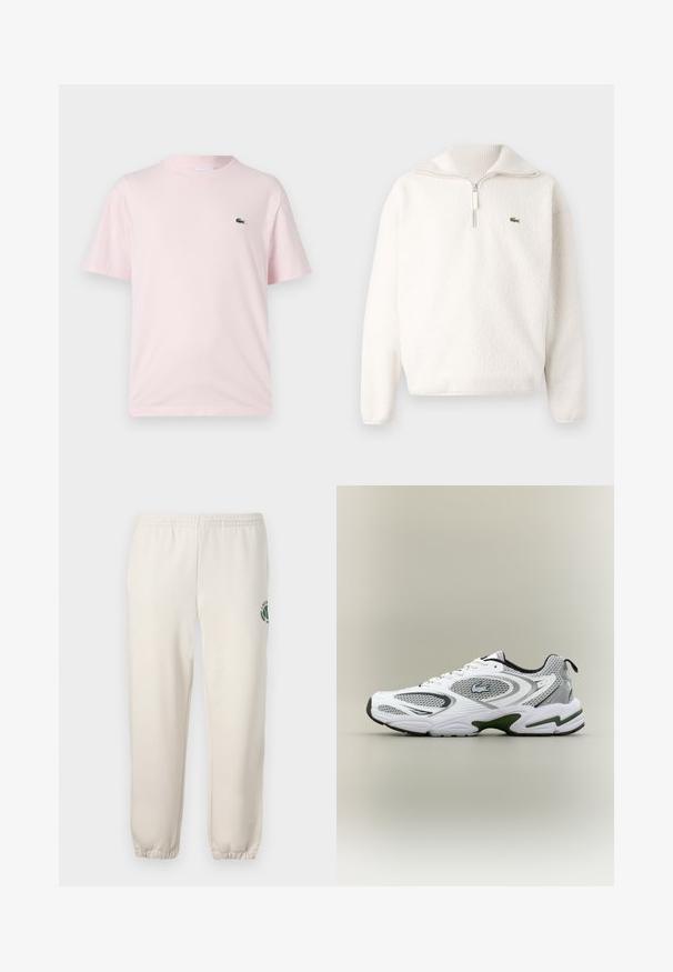 Sudadera de felpa blanca con cuello de media cremallera, textura suave, cuello acanalado y un pequeño logo verde en el área del pecho izquierdo.; Camiseta de algodón de color rosa claro con mangas cortas. Presenta un pequeño logo bordado en verde en el lado izquierdo del pecho. Diseño de cuello redondo.; Pantalones de chándal de color beige claro, hechos de algodón, con una cinturilla elástica, puños acanalados y un logo verde con diseño de hoja en la pierna izquierda.; Zapatilla deportiva de running en blanco y gris, con paneles de malla, acentos verdes, detalles en negro y un logo en el costado, vista desde el lado exterior.