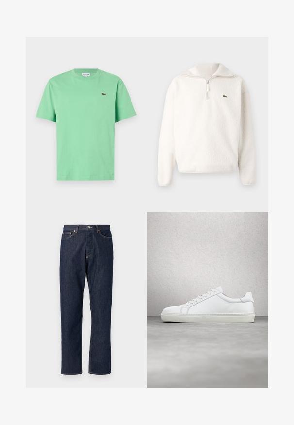 Sudadera de felpa blanca con cuello de media cremallera, textura suave, cuello acanalado y un pequeño logo verde en el área del pecho izquierdo.; Camiseta de algodón verde menta con cuello redondo, mangas cortas y un pequeño logotipo bordado en el lado izquierdo del pecho.; Jeans de mezclilla azul oscuro con un diseño de pierna recta. Cuenta con un cierre de botón y cremallera, cinco bolsillos y detalles de costura en contraste.; Zapatilla blanca con parte superior de cuero liso y perfil bajo. Presenta una puntera redondeada, seis ojales y una suela de goma texturizada.