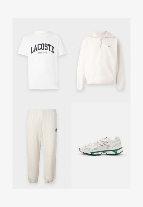 Sudadera de felpa blanca con cuello de media cremallera, textura suave, cuello acanalado y un pequeño logo verde en el área del pecho izquierdo.; Camiseta blanca de algodón con un diseño curvado de logo "LACOSTE SPORTSWEAR" en color azul marino y verde oliva impreso en el pecho.; Pantalones de chándal de color beige claro, hechos de algodón, con una cinturilla elástica, puños acanalados y un logo verde con diseño de hoja en la pierna izquierda.; Zapatilla blanca con acento verde y suela de goma negra. Presenta paneles de malla y sintéticos, con un acabado texturizado y costuras visibles.