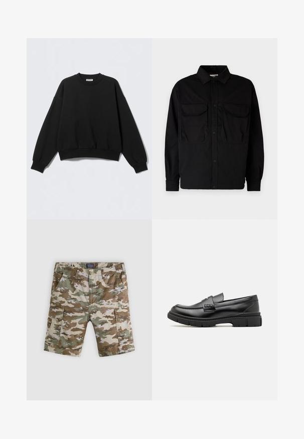 Sweat-shirt noir à coupe décontractée, col rond et manches longues légèrement bouffantes. Confectionné dans un tissu doux avec des poignets et un ourlet côtelés.; Jack & Jones JCOHELVETICA PARACHUTE OVERSHIRT - Chemise - black; Shorts cargo camouflage avec passants pour ceinture, poches latérales et fermeture par boutons, présentés sur un fond gris clair.; Mocassin en cuir noir avec une large sangle sur le devant, semelle en caoutchouc à épaisse rainure, et texture lisse. Design classique et élégant.