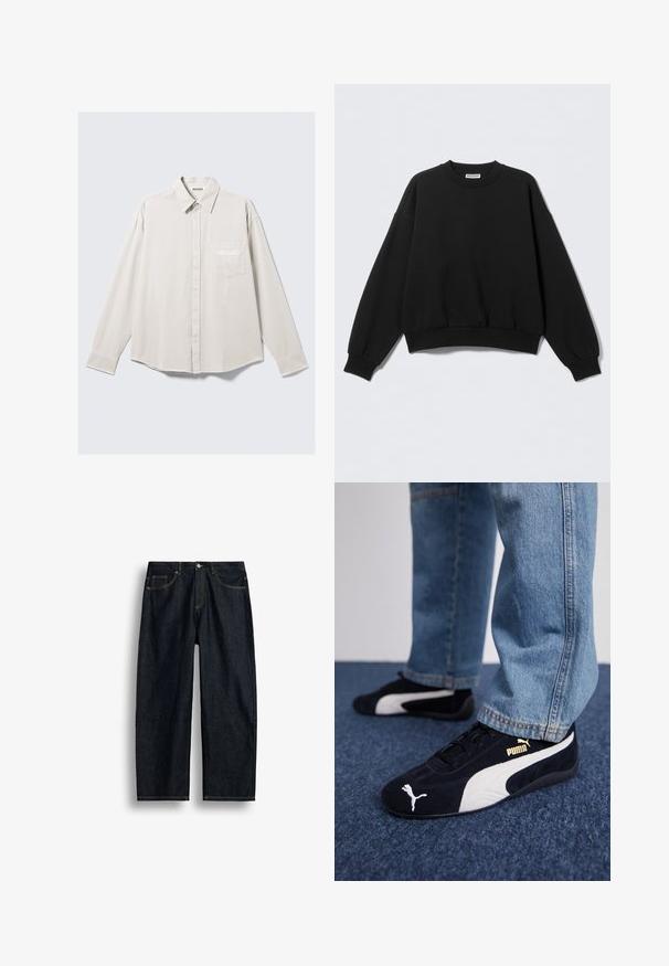 Sweat-shirt noir à coupe décontractée, col rond et manches longues légèrement bouffantes. Confectionné dans un tissu doux avec des poignets et un ourlet côtelés.; Chemise beige clair à manches longues avec boutons, col classique, poche avant et marquage discret sur la poche en blanc. Tissu à texture lisse.; Jean en denim bleu foncé à coupe droite avec couture jaune, poches avant et fermeture par bouton à la taille.; Baskets en daim noir avec accents blancs, arborant un logo doré. Portées avec un jean en denim bleu clair et posées sur une surface bleue texturée.