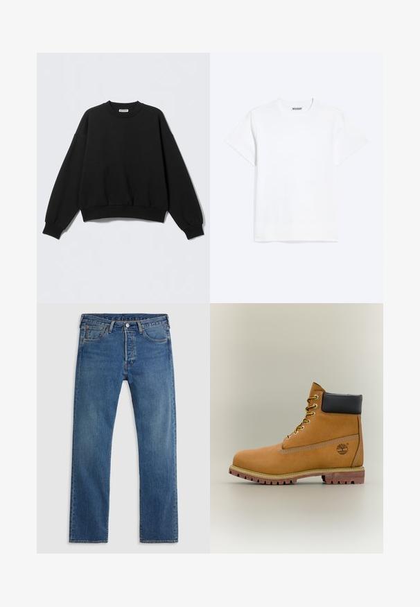 Zwarte sweatshirt met een losse pasvorm, ronde hals en lange, licht opgeblazen mouwen. Gemaakt van zacht materiaal met geribbelde boorden en zoom.; Effen wit T-shirt met korte mouwen en een ronde hals met een "WEEKDAY" label aan de binnenkant van de achterkraag, getoond op een lichte achtergrond.; Blauwe rechte denim jeans met vijf zakken, riemlussen en een sluiting met een knoop en ritssluiting aan de voorkant, op een effen achtergrond.; Bruine leren enkellaars met zwarte kraag, gele veters en een zandkleurige zool. Voorzien van een logo en witte stikseldetails. Robuuste loopzool met grip.