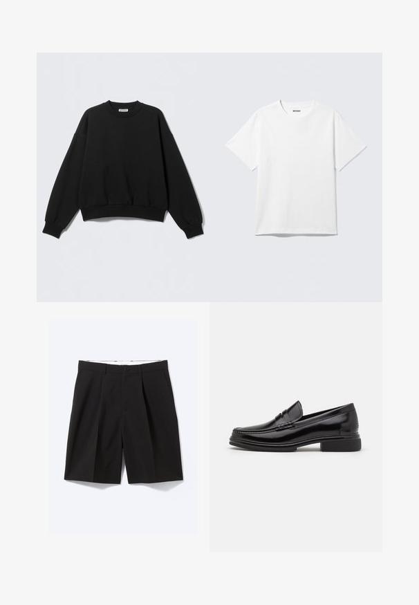 Sort sweatshirt med løs pasform, rund halsudskæring og lange, let puffede ærmer. Fremstillet af blødt stof med ribstrikkede manchetter og kant.; Hvid kortærmet crewneck T-shirt lagt fladt ud, ensfarvet design, med "WEEKDAY" mærkat inde i kraven på en lys baggrund.; Sorte skræddersyede knælange shorts med bæltestropper, sidelommer, knaplukning og forreste plisseringer, lagt fladt på en hvid baggrund.; Sorte læder loafers med en rund tå, der har en syet detalje over vristen og en lav blokhæl. Glat tekstur og blank finish.
