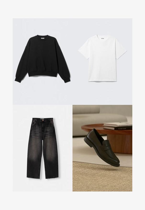 Sweat-shirt noir à coupe décontractée, col rond et manches longues légèrement bouffantes. Confectionné dans un tissu doux avec des poignets et un ourlet côtelés.; T-shirt blanc à manches courtes et col rond, étalé à plat, design uni, avec l'étiquette "WEEKDAY" à l'intérieur du col sur un fond clair.; Jeans en denim noir à jambe large avec un design délavé, dotés de cinq poches, d'une fermeture à bouton et de détails de whiskering subtils sur le devant.; Chaussure mocassin en cuir noir présentée en suspension au-dessus d'un tapis beige tissé, avec une table en bois et des livres empilés dans un salon doucement éclairé.
