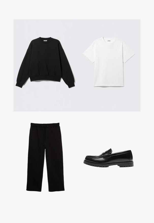 Sort sweatshirt med løs pasform, rund halsudskæring og lange, let puffede ærmer. Fremstillet af blødt stof med ribstrikkede manchetter og kant.; Hvid kortærmet crewneck T-shirt lagt fladt ud, ensfarvet design, med "WEEKDAY" mærkat inde i kraven på en lys baggrund.; Sorte sweatpants lavet af blødt stof, med elastisk talje med snøre, to sidelommer og en afslappet pasform.; Sort læderloafer med en kraftig gummisål og klassiske penny-strap detaljer, vist fra ydersiden.