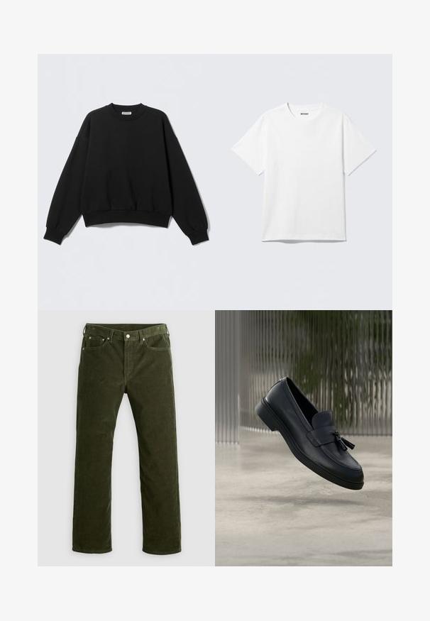 Zwarte sweatshirt met een losse pasvorm, ronde hals en lange, licht opgeblazen mouwen. Gemaakt van zacht materiaal met geribbelde boorden en zoom.; Witte T-shirt met korte mouwen en ronde hals, plat gelegd, effen ontwerp, met een "WEEKDAY" label in de kraag op een lichte achtergrond.; Olijfgroene corduroy rechte pijpen broek met voorknop, ritssluiting, riemlussen en vijf-vakken ontwerp op een witte achtergrond.; Zwarte leren loafers met een gladde textuur, een afgeronde neus en decoratieve kwastjes aan de voorkant. Flexibele rubberen zool met lage hak.