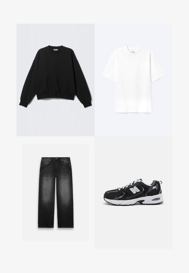 Zwarte sweatshirt met een losse pasvorm, ronde hals en lange, licht opgeblazen mouwen. Gemaakt van zacht materiaal met geribbelde boorden en zoom.; Effen witte T-shirt met korte mouwen en ronde hals, met een losse pasvorm, weergegeven op een lichte achtergrond.; Zwarte denim jeans met een wijde pijp. Beschikt over vijf zakken, lichte vervaging en stevige stiksels. Met knoop- en ritssluiting.; Zwarte en grijze sport schoenen met een bovenwerk van mesh en suede, voorzien van een witte tussenzool, veters en een gedurfde "N"-logo aan de zijkant.