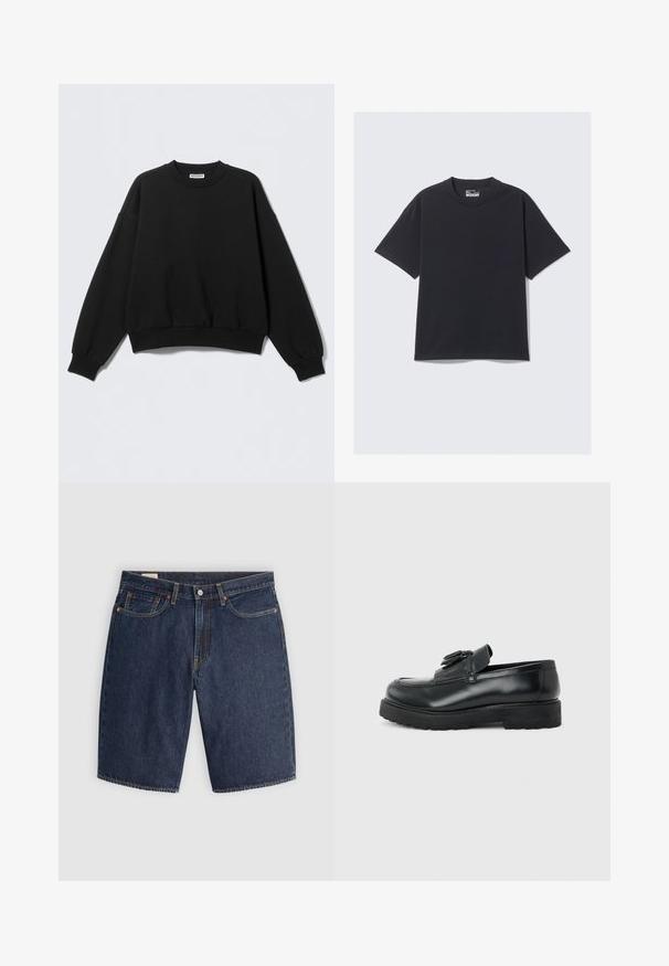 Sort sweatshirt med løs pasform, rund halsudskæring og lange, let puffede ærmer. Fremstillet af blødt stof med ribstrikkede manchetter og kant.; Sort bomulds T-shirt med klassisk rund hals, korte ærmer og en afslappet pasform. Glat tekstur med minimal syning.; Mørkeblå denim shorts med et klassisk design, der har fem lommer, syninger, en knaplukning og buede baglommer.; Sort læderloafer med kvaster, tyk gummisål og lav hæl, vist i sideprofil på en ensfarvet baggrund.