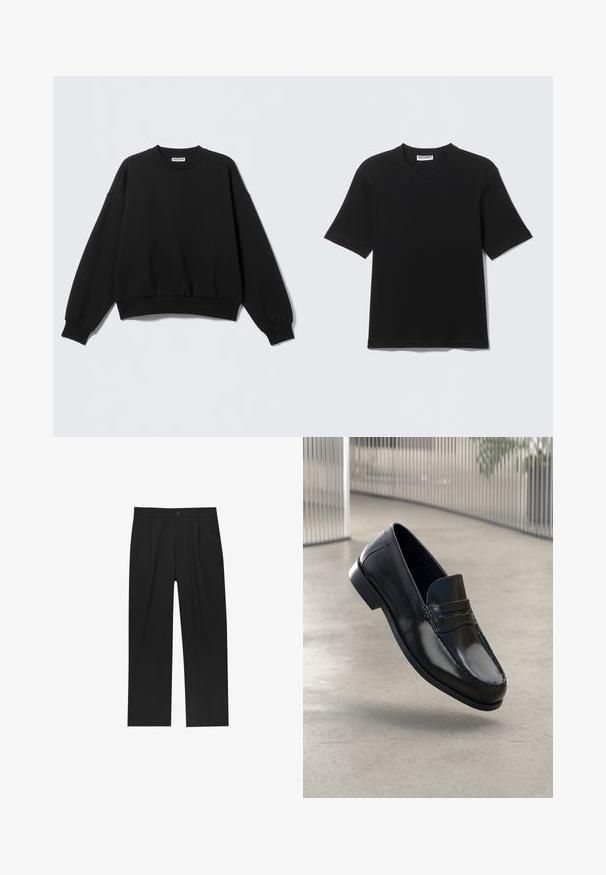 Sweat-shirt noir à coupe décontractée, col rond et manches longues légèrement bouffantes. Confectionné dans un tissu doux avec des poignets et un ourlet côtelés.; T-shirt noir à manches courtes avec col rond, portant une étiquette "WEEKDAY" à l'intérieur du col, présenté à plat sur un fond clair.; Pantalons noirs au design droit, fabriqués à partir d'un tissu lisse. Dotés de plis sur le devant et d'une fermeture à un bouton à la taille.; Mocassins en cuir noir à finition lisse, bout arrondi, coutures décoratives et semelle extérieure légèrement surélevée.