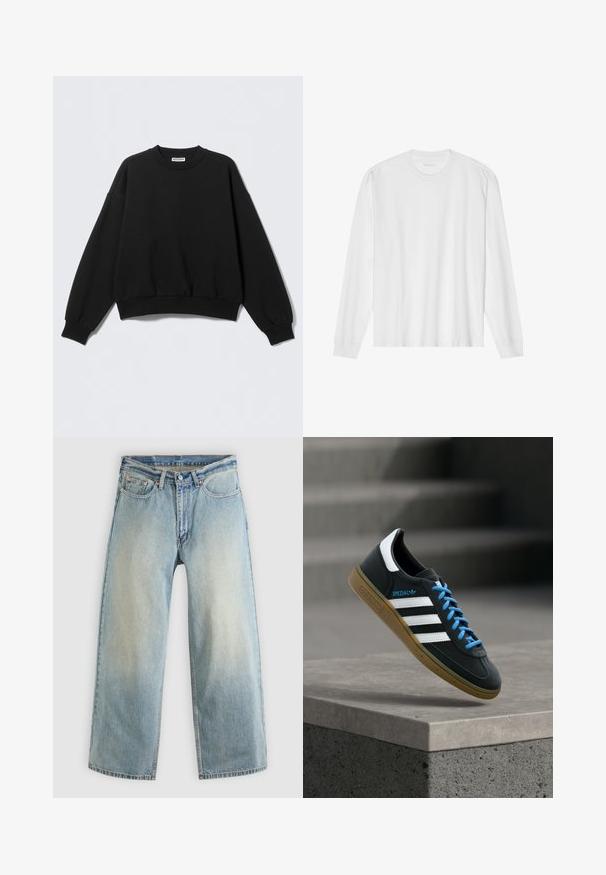 Sweat-shirt noir à coupe décontractée, col rond et manches longues légèrement bouffantes. Confectionné dans un tissu doux avec des poignets et un ourlet côtelés.; T-shirt blanc en coton à manches longues avec col rond, doté de poignets côtelés et d'un ourlet droit, texture lisse et design minimaliste.; Jean denim bleu clair à jambes larges avec une finition délavée. Comprend un design standard à cinq poches et une fermeture à bouton métallique.; Baskets Adidas noires avec des rayures blanches, des lacets bleus et une semelle en gomme flottant au-dessus d'une marche en béton grise sous une lumière douce.