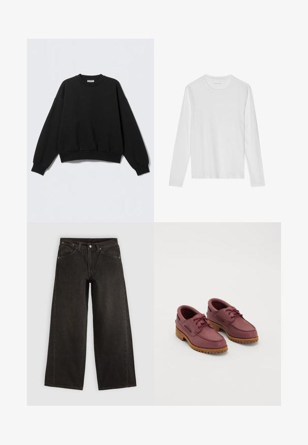 Zwarte sweatshirt met een losse pasvorm, ronde hals en lange, licht opgeblazen mouwen. Gemaakt van zacht materiaal met geribbelde boorden en zoom.; Wit T-shirt met lange mouwen gemaakt van zacht katoen, met een ronde halslijn en een gladde textuur zonder zichtbare patronen of accenten.; Zwarte wijdere denim jeans met voorzakken, knoopsluiting en ceintuurlussen, plat neergelegd op een lichte achtergrond.; Een paar wijnrode leren bootschoenen met dikke tan rubberen zolen en rode veters op een witte achtergrond.