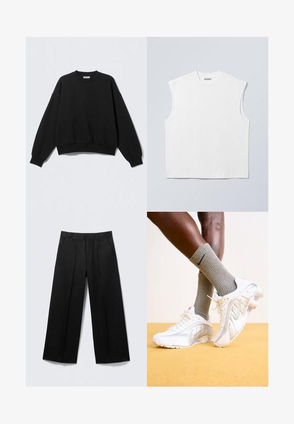 Sort sweatshirt med løs pasform, rund halsudskæring og lange, let puffede ærmer. Fremstillet af blødt stof med ribstrikkede manchetter og kant.; Hvid ærmeløs bomulds top med rund hals og markerede skulderpartier, mærket "WEEKDAY" på halsmærket, vist på lys grå baggrund.; Sorte vidde-bukser med bæltestropper, forlommer og lynlås foran, vist på en lysegrå baggrund.; Nike sneakers i hvid med sølv accenter, der har teksturerede paneler og perforeringer. Sammen med grå ribbede sokker, sat mod en gul baggrund.