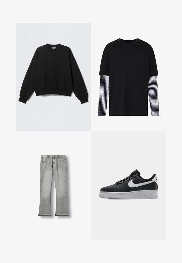 Sweat-shirt noir à coupe décontractée, col rond et manches longues légèrement bouffantes. Confectionné dans un tissu doux avec des poignets et un ourlet côtelés.; T-shirt noir à manches courtes avec un devant uni et des manches longues rayées en noir et blanc. Design simple à col rond, coupe décontractée.; Jean gris à jambes larges avec poches avant et arrière, passants de ceinture, fermeture par bouton et ourlet brut.; Baskets en cuir noir avec surface texturée, swoosh Nike blanc, semelle grise, bout rond et design à lacets. Comprend des perforations sur la boîte à orteils.